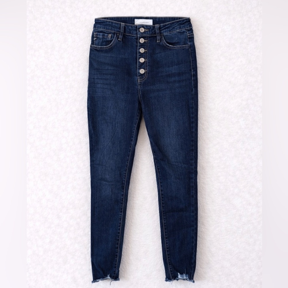 KanCan High Rise Button Fly Skinny Jeans Dark Wash Raw Hem Size 9 / 28